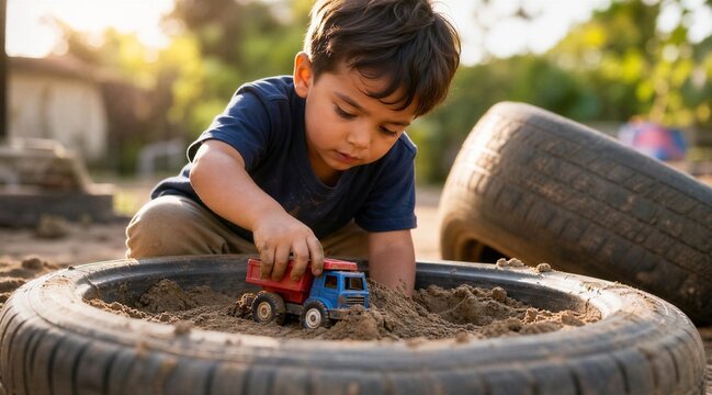 Little boy playing with toy dump truck in backyard tire sandpit