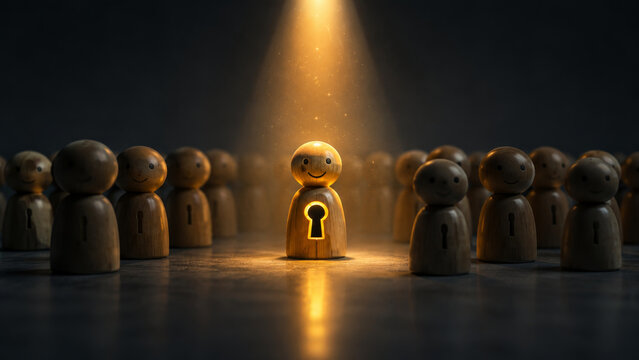 Corporate environment highlights uniformity with wooden figures, one locked with keyhole illuminated by spotlight, symbolizing individuality and emotional expression within conformity