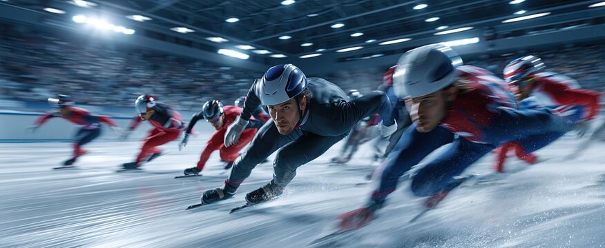Inside a modern ice rink, athletes compete fiercely in a fast-paced short track speed skating race.
