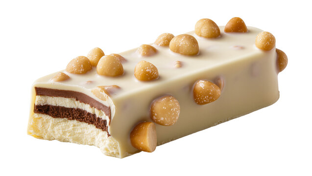 White chocolate bar with macadamia nuts and layers of chocolate and cream
