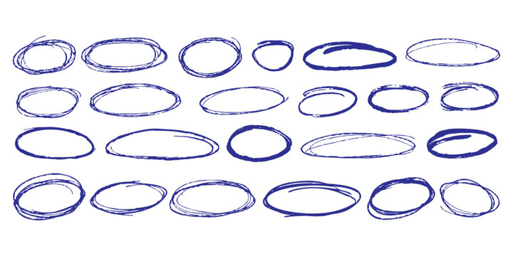 Set of hand drawn blue and black ink scribble circles and oval shapes for design highlights
