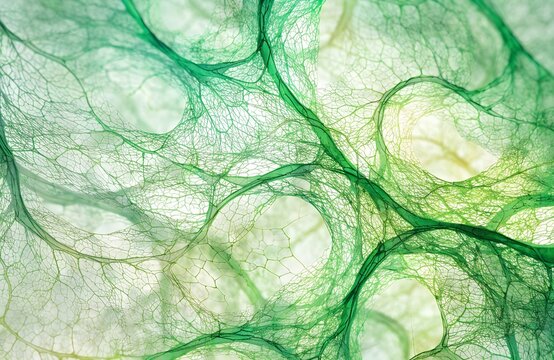 Microscopic organic cell structure background, green biological fiber network texture, abstract scientific plant tissue pattern for medical research