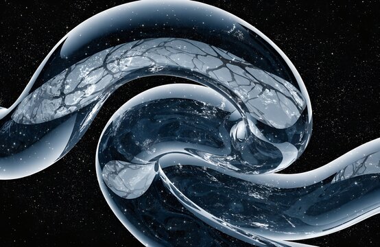 Futuristic liquid glass tubes with organic textures, abstract transparent fluid pipes in dark space, high-tech crystalline laboratory equipment