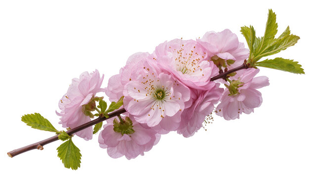 Pink double blossom branch with green leaves