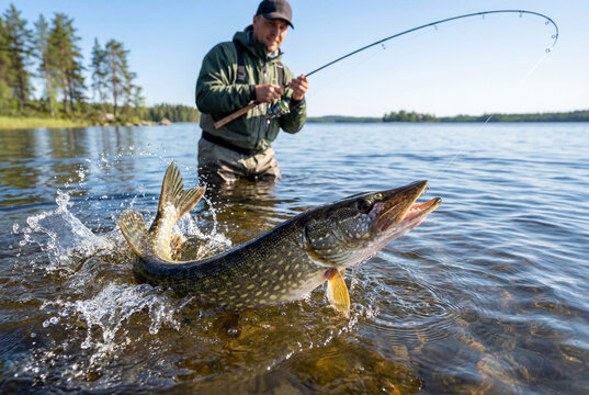 Freshwater pike fishing in a lake with an angler controlling the line. The catch stays near the surface as water splashes around it.