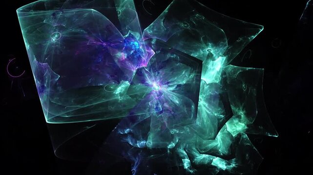 Abstract futuristic cosmic crystal structures with glowing neon cyan and purple light rays, digital fractal motion graphics background