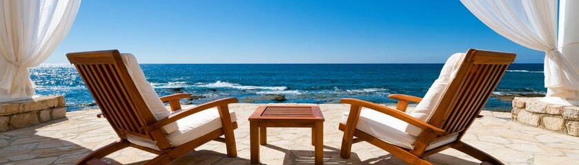 Fototapeta premium Relaxing beachside moment. Serene Coastal Terrace with Watercolor Vibes, Panoramic Ocean Views, and Relaxing Seating Spaces, Perfect for Tranquil Getaways and Nature Lovers