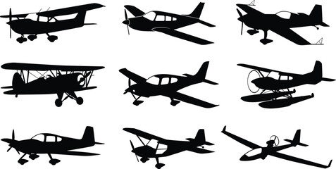 Light Aircraft Silhouette Collection Set with Propeller Planes and Aviation Designs © Mitu