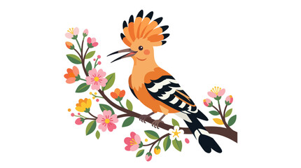 Hoopoe Bird Perched on a Blooming Branch with Flowers © Yumna