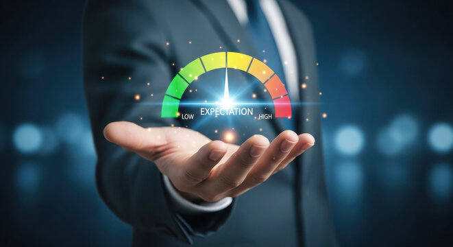Businessman holding a digital expectation gauge displaying low to high levels of performance in a professional setting with blurred background