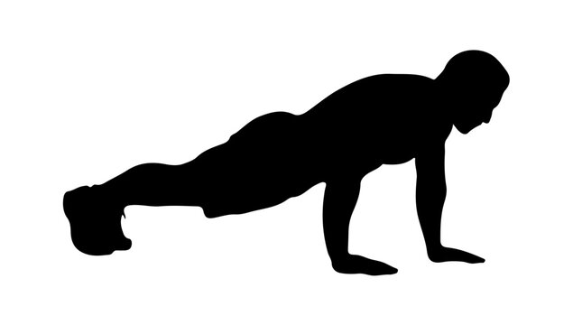 Male Performing Push-Up Exercise Silhouette Isolated on White Background &ndash; Bodyweight Strength Training and Fitness Illustration