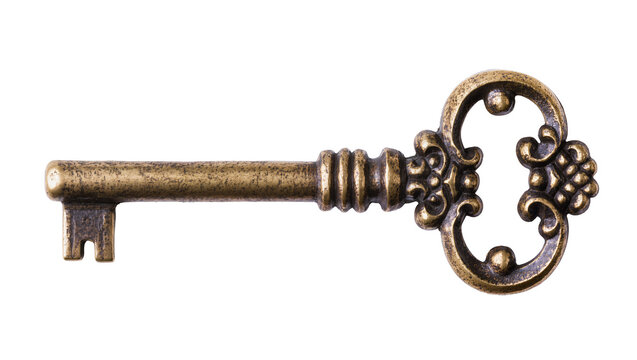 Antique brass ornate skeleton key with decorative bow