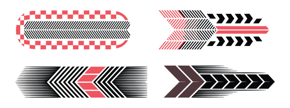 Sports car racing stripes and vinyl decals set, dynamic speed lines, racing livery graphics, automotive sticker design, performance car visual identity vector illustration.