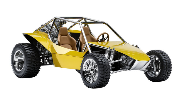 Yellow dune buggy with exposed engine and tan seats