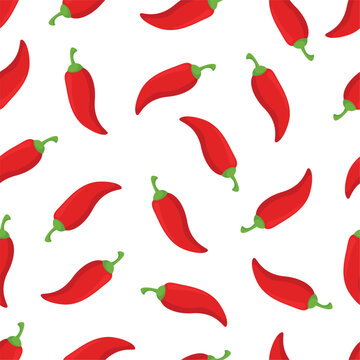 Red chilli peppers seamless pattern. Cartoon hot pepper, fresh sauce and meals ingredient. Colorful print for fabric, wallpaper, wrapping, vector background