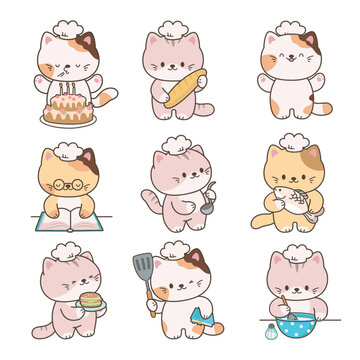 Kawaii cat cooking. Funny cats cook, reading culinary book, baking and eating cake. Adorable kitten kitchen chefs. Isolated animals stickers, nowaday vector set