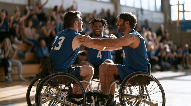 Adaptive sitting volleyball team celebrating a winning point in a gymnasium, players in sports wheelchairs mid-chest-bump, crowd on bleachers reacting, Paralympic team sport