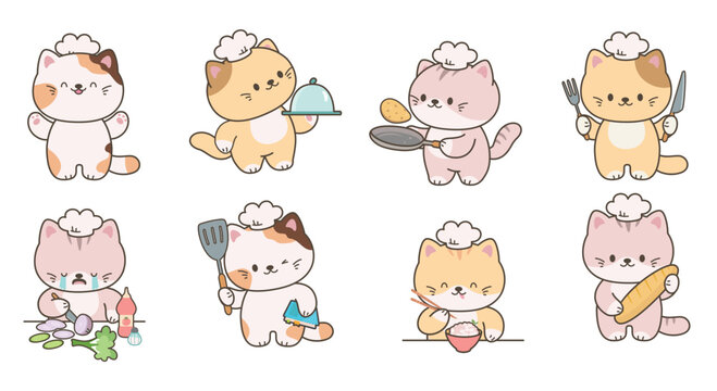 Funny kawaii kittens cook. Cats chefs cut onion, cooking pancakes, degustation rice for sushi. Adorable cartoon kitten for kitchen, nowaday vector clipart