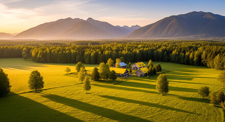 Fototapeta premium Golden hour sunlight illuminates a rural homestead nestled amidst a forest and mountains, symbolizing tranquility and idyllic country living