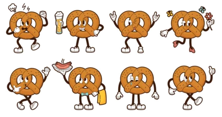 Funny pretzel character. Germany bakery symbol, oktoberfest groovy mascot. Baking element in different poses and expressions, neoteric vector set © MicroOne