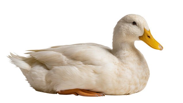 White duck with yellow beak resting on white surface
