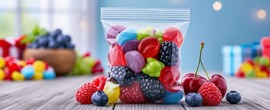 Colorful fruit-flavored candies packed in a clear bag, perfect for parties and gift-giving occasions.