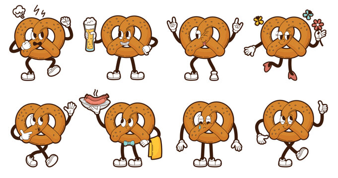 Funny pretzel character. Germany bakery symbol, oktoberfest groovy mascot. Baking element in different poses and expressions, neoteric vector set