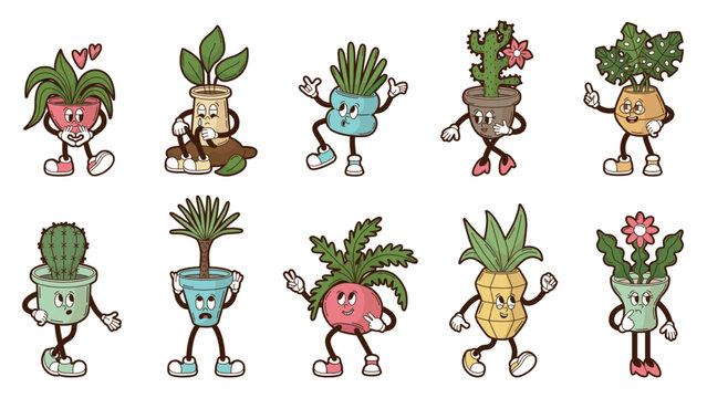 Groovy pot plant characters. Funny pots plants, different nature accessories for home, office, hotel interior. Blooming cactus, flower, palm, neoteric vector set