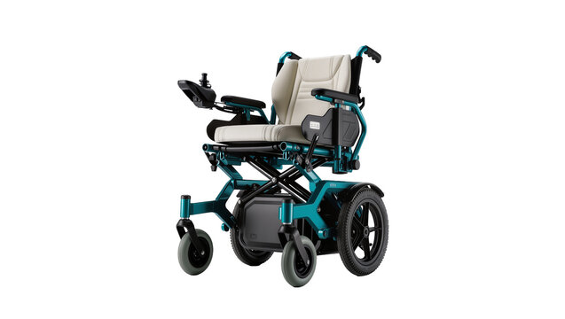 Teal electric wheelchair with padded seat and joystick control