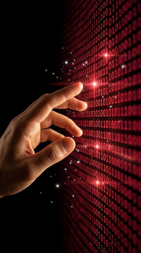 Hand interacting with a digital stream of red binary code, representing data, technology, and digital exploration