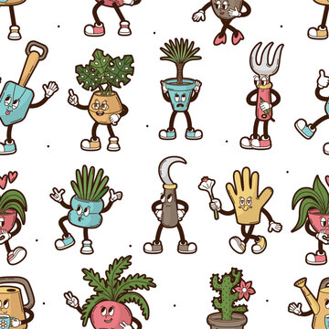 Pot plant characters seamless pattern. Groovy green plants, cactus, flowers, bushes and garden tools. Gardening print for fabric, wallpaper, neoteric vector background