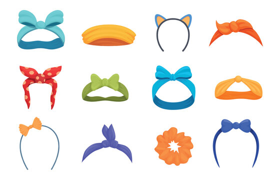 Beautiful headbands. Colorful cartoon headband, fabric hair clips and elastic. Trendy fashion girls women accessories for different hairstyle, sapid vector set