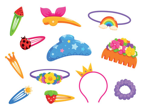 Children hair pins. Beautiful plastic pin for girl with bow, berry, crown, flowers. Isolated colorful hair accessories for different girly hairstyle, sapid vector set