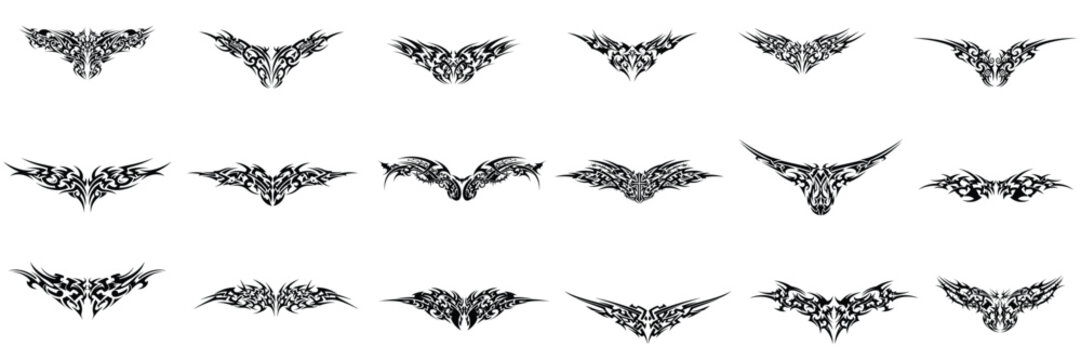 Tribal Wing Tattoo Design Collection Featuring Unique Symmetrical Y2K Cyber Sigilism Patterns Ornate Gothic Silhouettes and Edgy Abstract Streetwear Clipart