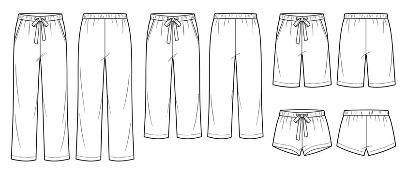 Set of different length drawstring sweatpants on transparent background. Joggers, shorts, pants