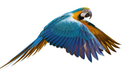 Blue and yellow macaw parrot flying with wings spread © Lisa