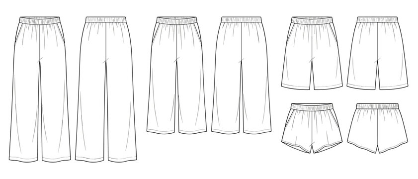 Set of different length casual lounge pants on transparent background. Leggings, pajamas, shorts