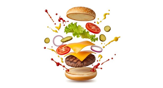 Exploding burger ingredients mid air with sauces isolated