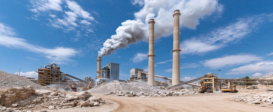 An industrial concrete plant featuring smokestacks, heavy equipment, and raw materials arranged in an active production setting.