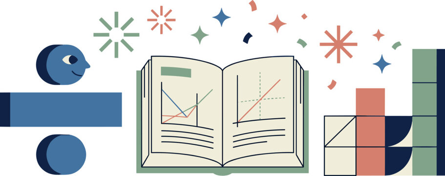 Bohemian Mid Century Modern Math Education Vector Set with Open Textbook division Symbol Bar Charts and Geometric Sparkle Icons