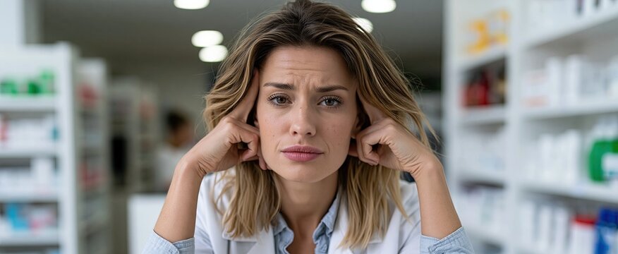 A stressed pharmacist managing prescriptions amid well-lit pharmacy shelves during a hectic work shift.