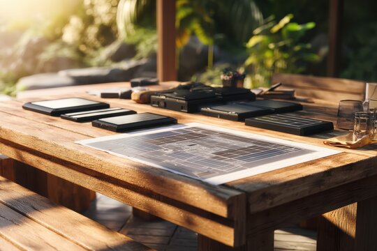 Architect table with building blueprint and solar panel model. Sustainable construction design and solar energy engineering. Eco-friendly city planning and renewable power concept.