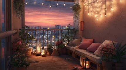 Naklejka premium Cozy balcony with sunset city view and fairy lights. Modern apartment terrace decorated with plants and lanterns. Evening relaxation and comfortable home interior design concept.