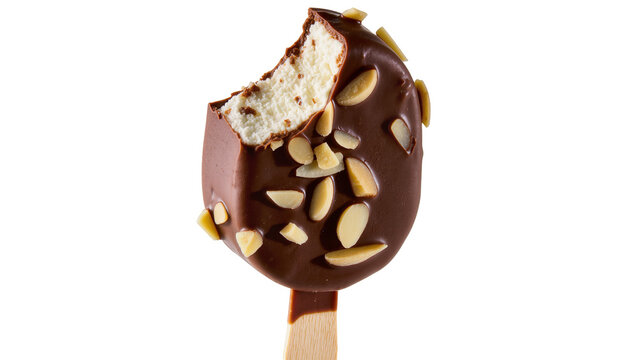 Chocolate covered ice cream bar with almonds and bite mark