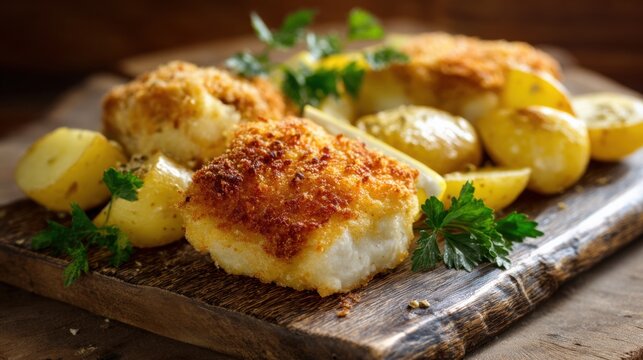 Breaded fish fillet with lemon and potato served on wooden board. Crispy fried crust cod meat dish. Gourmet seafood meal for restaurant menu or kitchen recipe healthy food concept.