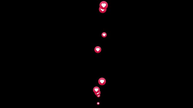 Animated Red Hearts Floating Upwards Against Black Background, Stream reactions in social media. Follower heart support. Love button emoji motion graphic. Live streaming