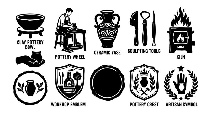 Pottery Workshop Logo Collection Vector Set with Ceramic Craft Emblems