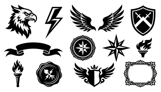 Eagle Victory Vector Set with Wings Lightning Shield Torch Compass and Heraldic Emblems