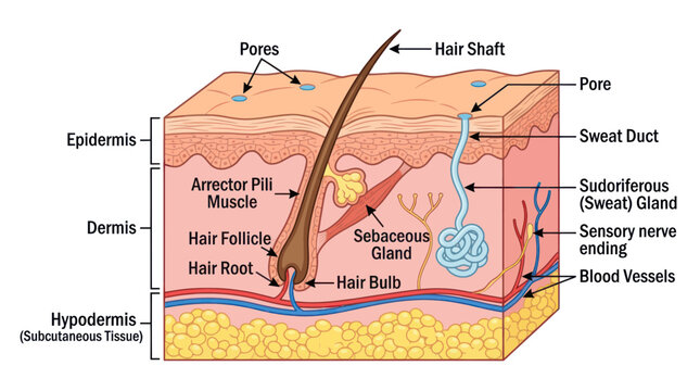Anatomical Illustration of Human Skin Layers and Structures