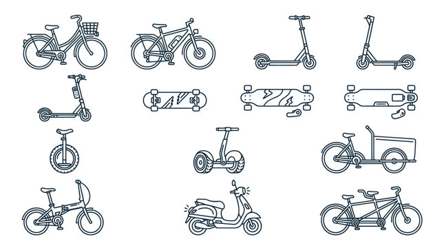 Collection of electric scooters, bikes, skateboards, unicycles, segway, moped